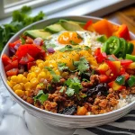 A close-up view of Tex-Mex Protein Breakfast Bowls with colorful bell peppers and ground chicken.