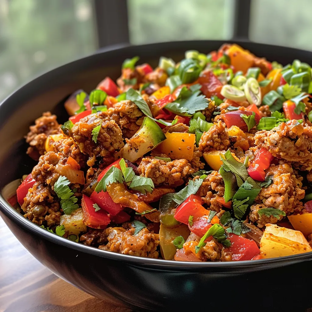Delicious Tex-Mex breakfast bowl featuring eggs, baby potatoes, and diced vegetables.