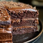 A close-up side view of a moist chocolate cake, showcasing its rich texture and glossy frosting.