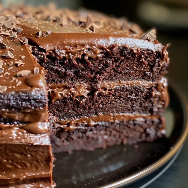 A close-up side view of a moist chocolate cake, showcasing its rich texture and glossy frosting.