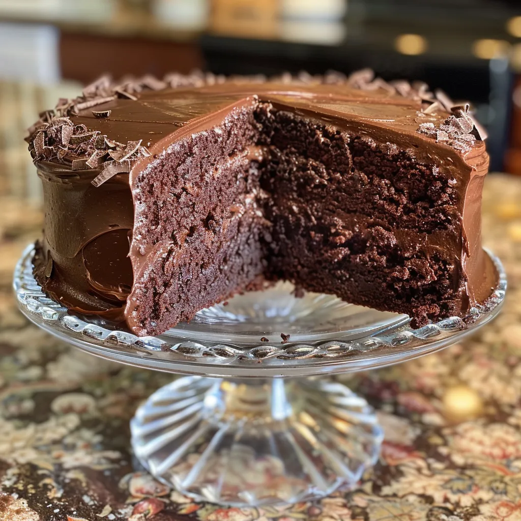 Detailed side photo of a chocolate cake, emphasizing its layers and shiny surface.