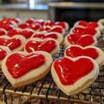 Close-up of red heart-shaped cookies on a white plate.