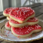 A close-up side view of soft, heart-shaped Valentine's sugar cookies decorated with colorful icing.