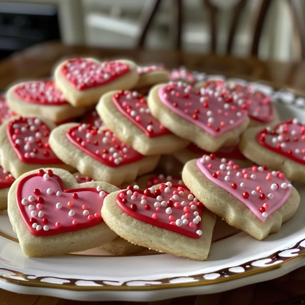 Vibrant heart-shaped cookies with smooth icing and sprinkles, arranged artfully on a plate.