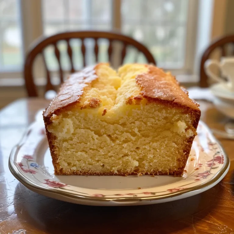 Close-up side view of a moist Vanilla Pound Cake with a golden crust.