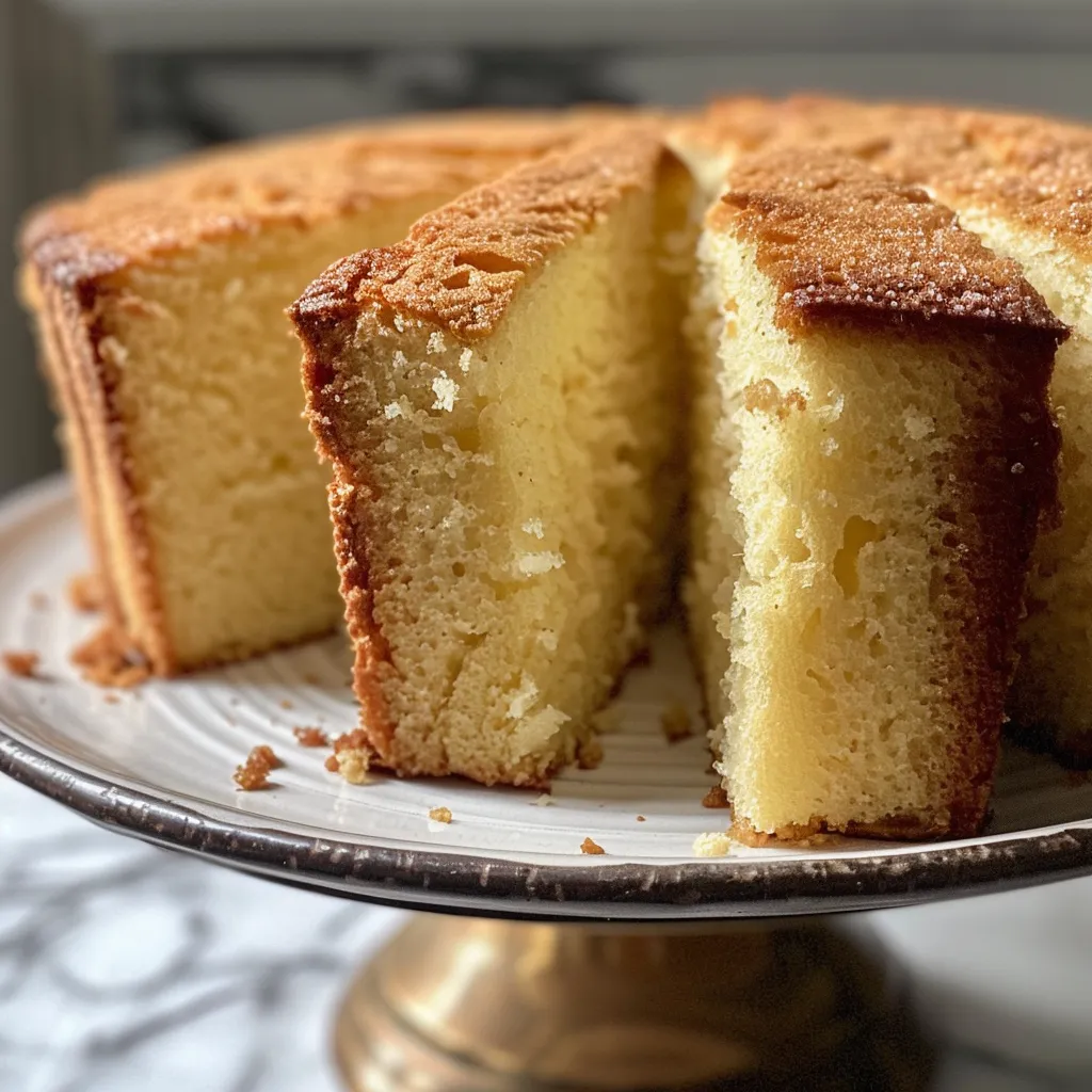 Side profile of a freshly baked Vanilla Pound Cake showcasing its soft texture.