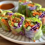 Close-up view of vegan spring rolls on a plate with dipping sauce.