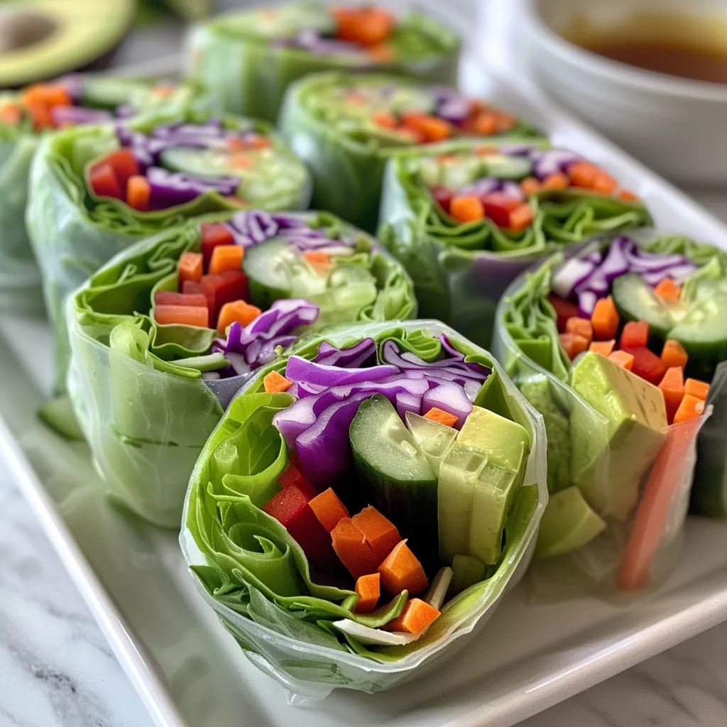 Colorful vegan spring rolls filled with fresh vegetables and peanut sauce.