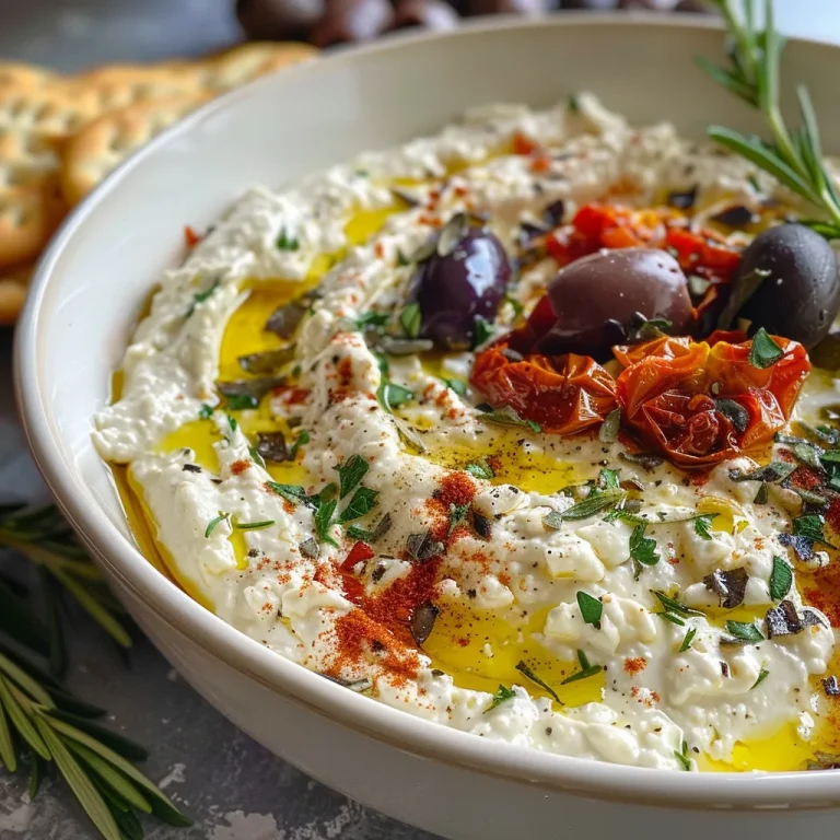 Whipped Feta Dip with Roasted Olives: A Mediterranean Celebration in Every Bite Close-up view of creamy whipped feta dip styled with roasted olives and herbs.