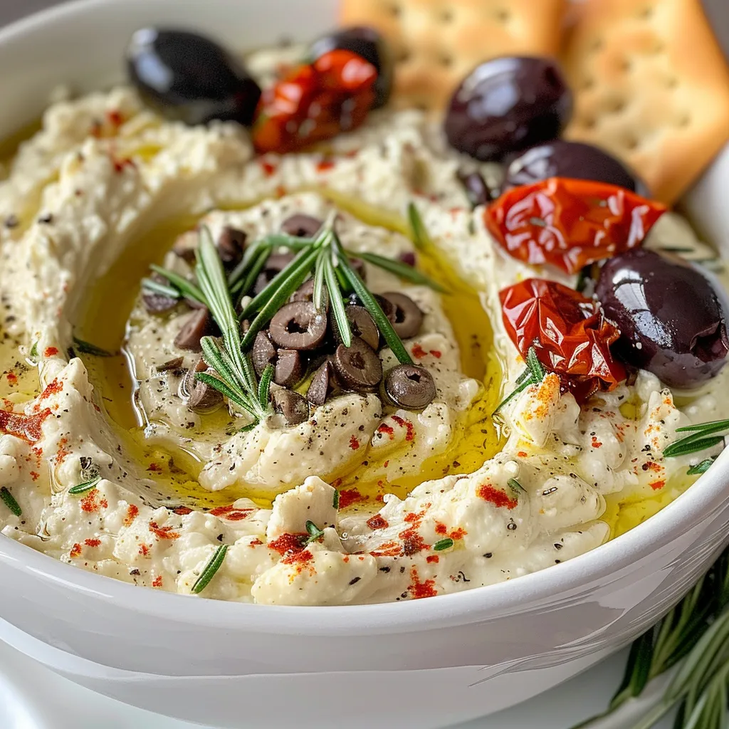Side view of a bowl filled with whipped feta dip, topped with olives and sprigs of rosemary.