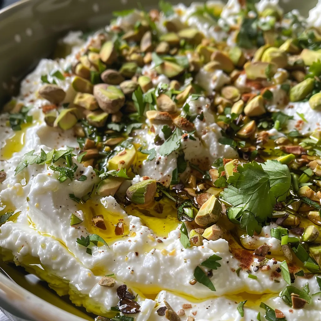 A side photo of blended feta cheese with green herbs and pistachios, served in a bowl.