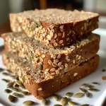 Close-up view of a loaf of whole grain seeded bread with various seeds visible on the crust.