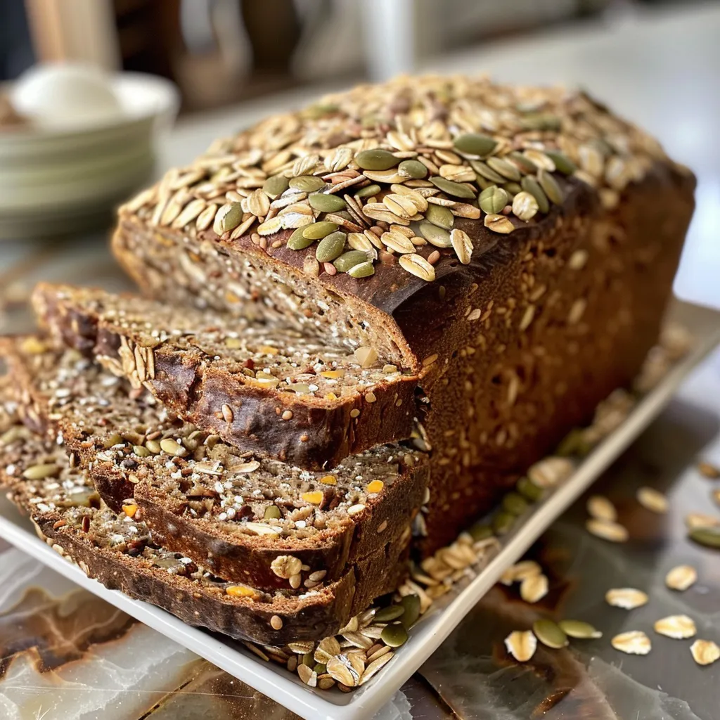 Side view of a freshly baked whole grain seeded bread showcasing its texture and seeds.