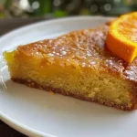 Close-up side view of a moist Almond Orange Olive Oil Cake with a golden crust.