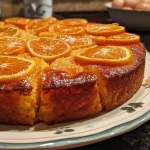 Close-up of a golden Whole Orange Cake, showcasing its smooth texture and vibrant orange color.
