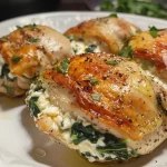 A close-up side view of juicy spinach ricotta stuffed chicken, showcasing its creamy filling.