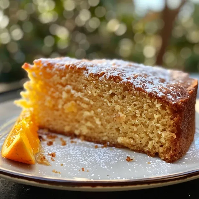Sliced Almond Orange Olive Oil Cake showcasing its tender crumb and vibrant orange zest.
