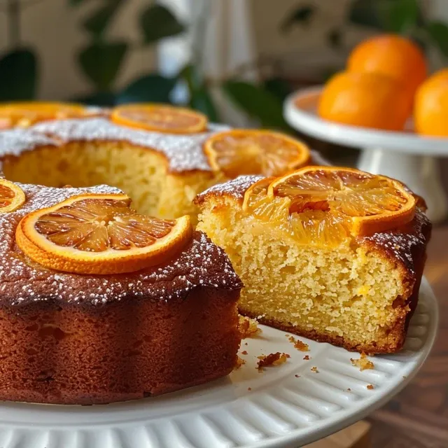 Side view of a flourless Whole Orange Cake, highlighting its moist interior and orange rind topping.