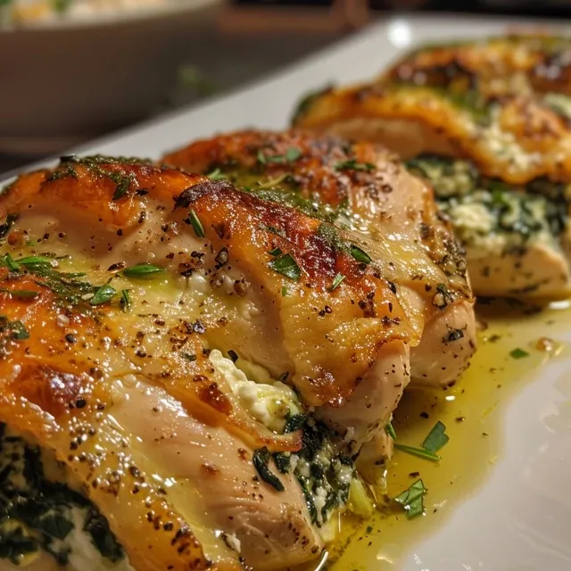 Side view of a succulent spinach ricotta stuffed chicken breast garnished with herbs.