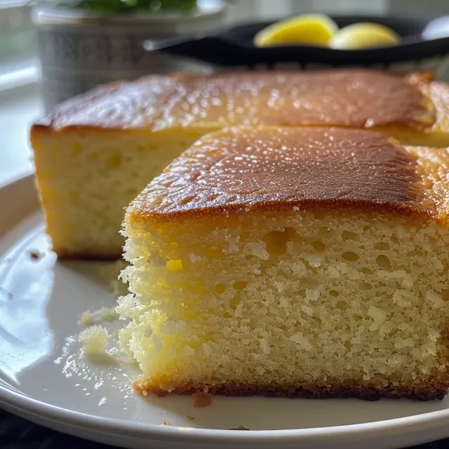 Juicy lemon yogurt cake displayed on a plate, highlighting its light and fluffy layers with a lemony glaze.