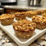 Close-up view of baked oatmeal cups topped with fresh berries and nuts.
