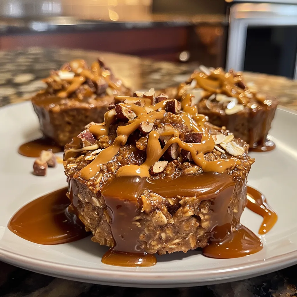 Side view of delicious baked oatmeal cups with a golden-brown crust.