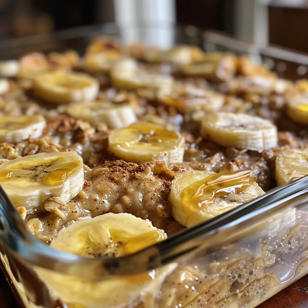 Side view of a warm Banana Baked Oatmeal dish in a rustic bowl, showcasing its vibrant texture.