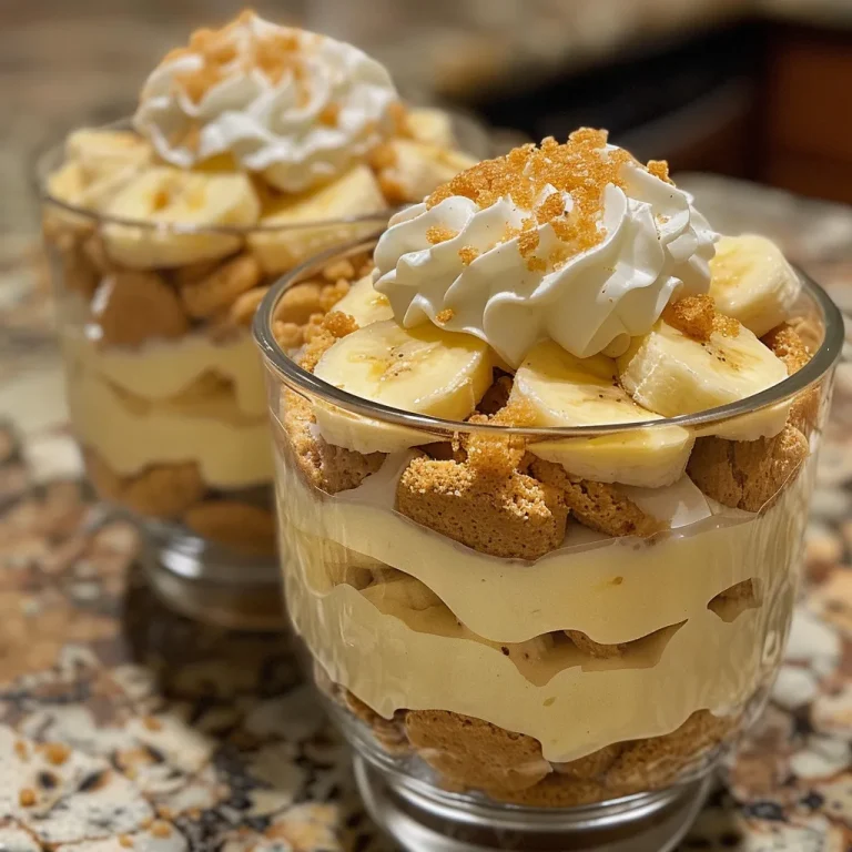 Close-up view of layered banana pudding parfaits in glass cups.