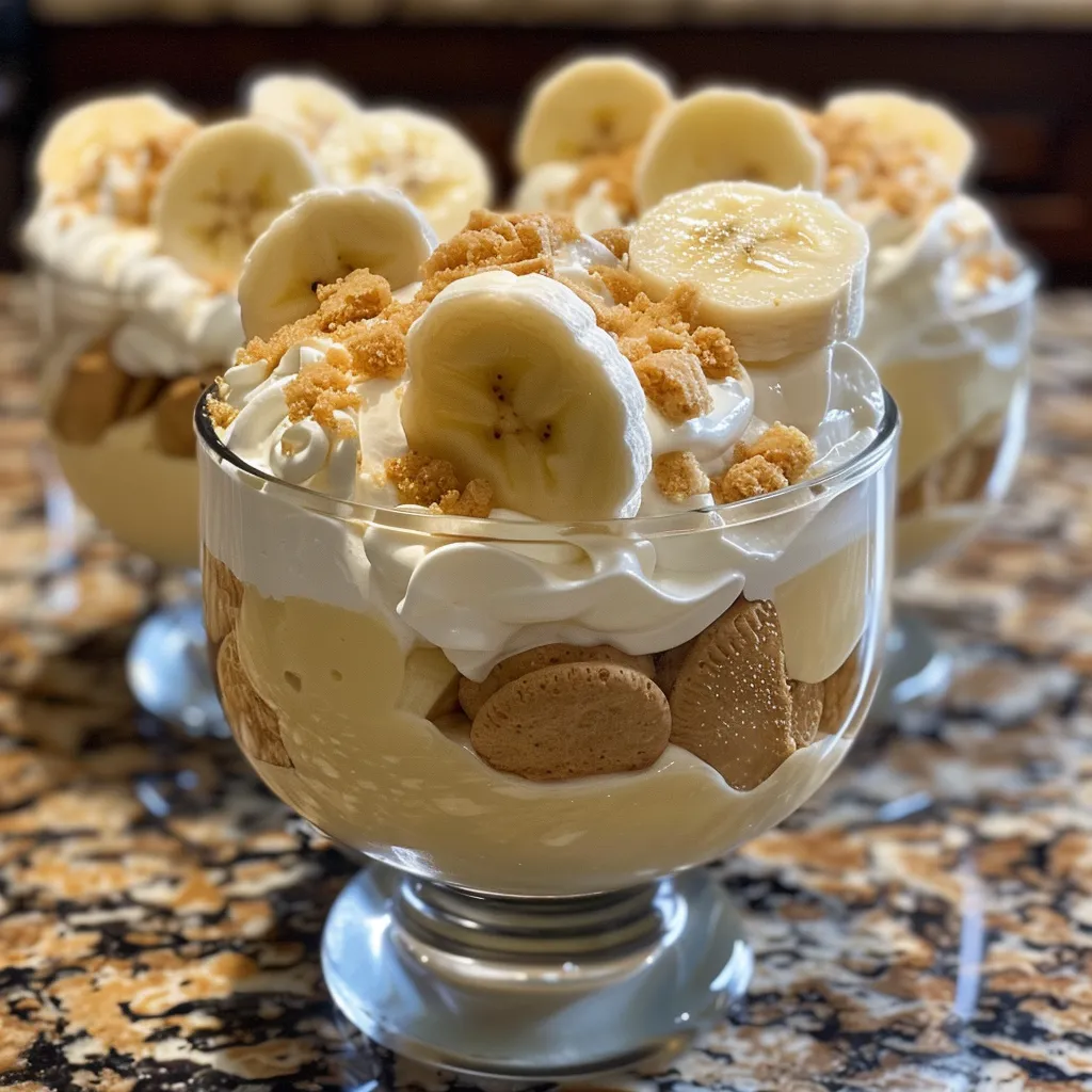 Side view of delicious banana pudding parfaits with layers of cream and cookies.