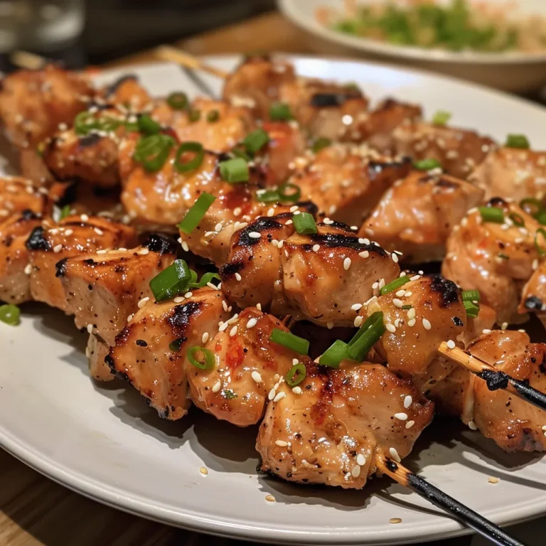 Juicy Bang Bang chicken skewers garnished with green onions and sesame seeds.