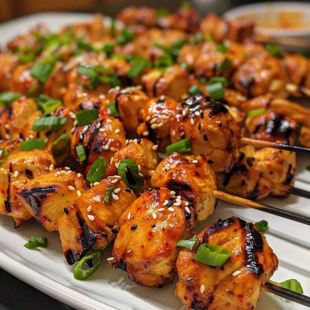 Close-up view of marinated chicken skewers drizzled with a spicy sauce.