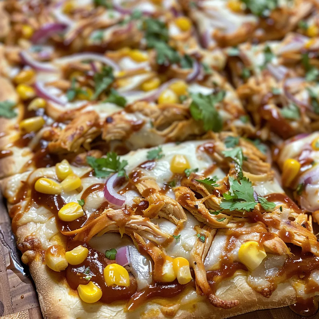 Side view of a juicy BBQ Chicken Flatbread Pizza with melted cheese and red onions.