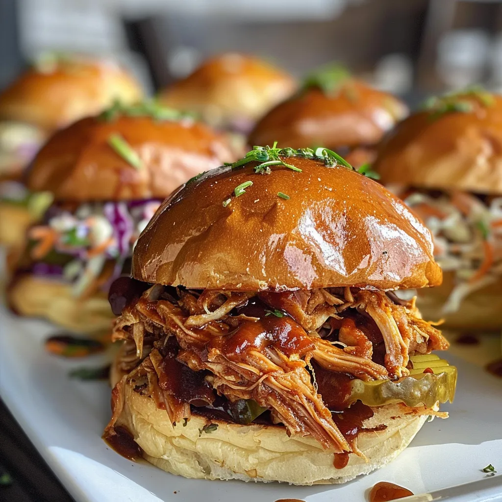 Side view of multiple BBQ pulled chicken sliders stacked on a plate, garnished with fresh cilantro.