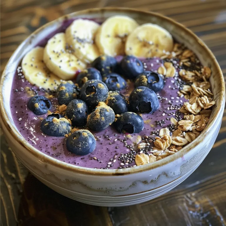 Close-up of a colorful smoothie bowl topped with blueberries, sliced bananas, and granola.