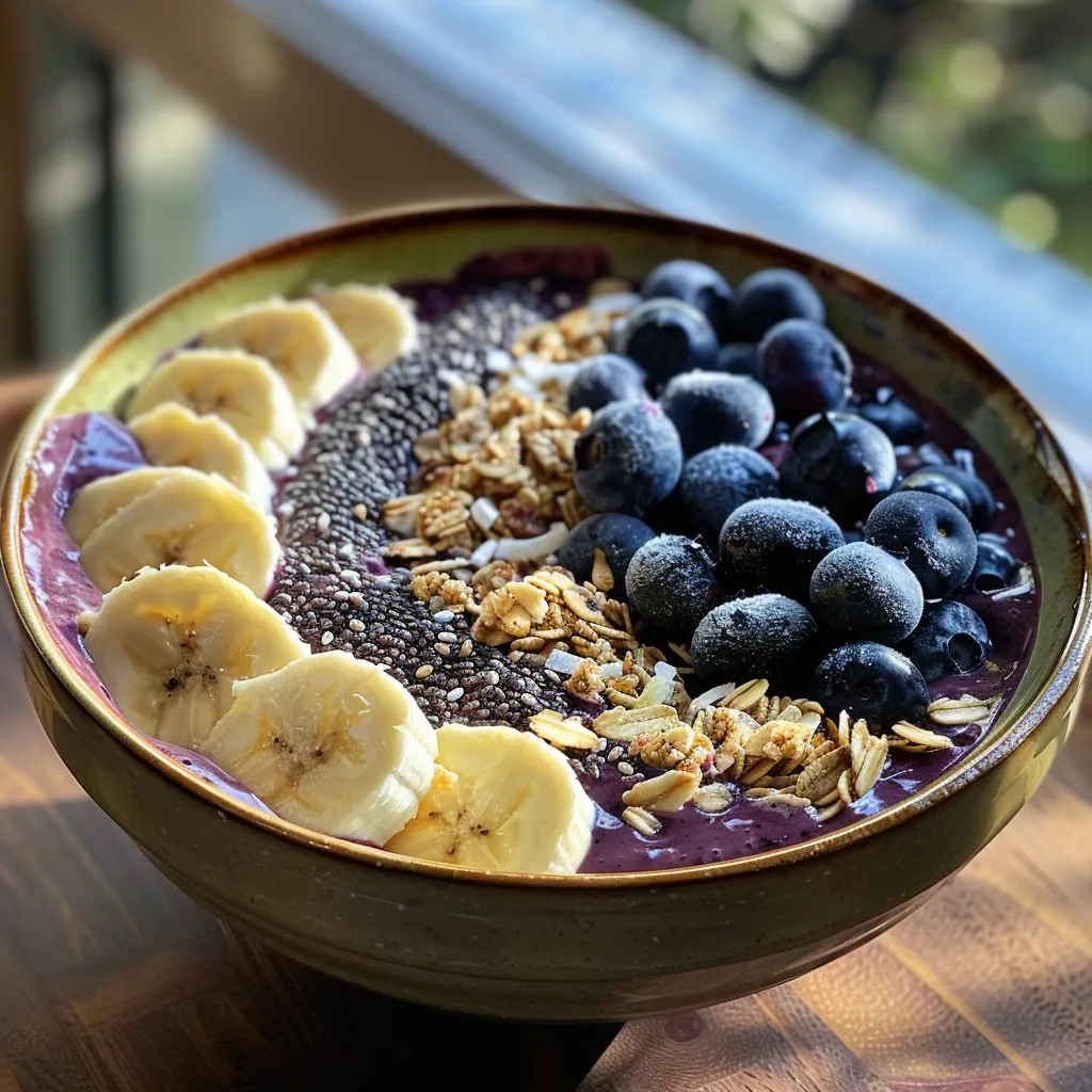 Side view of a creamy blueberry banana smoothie bowl with fresh fruit and chia seeds.