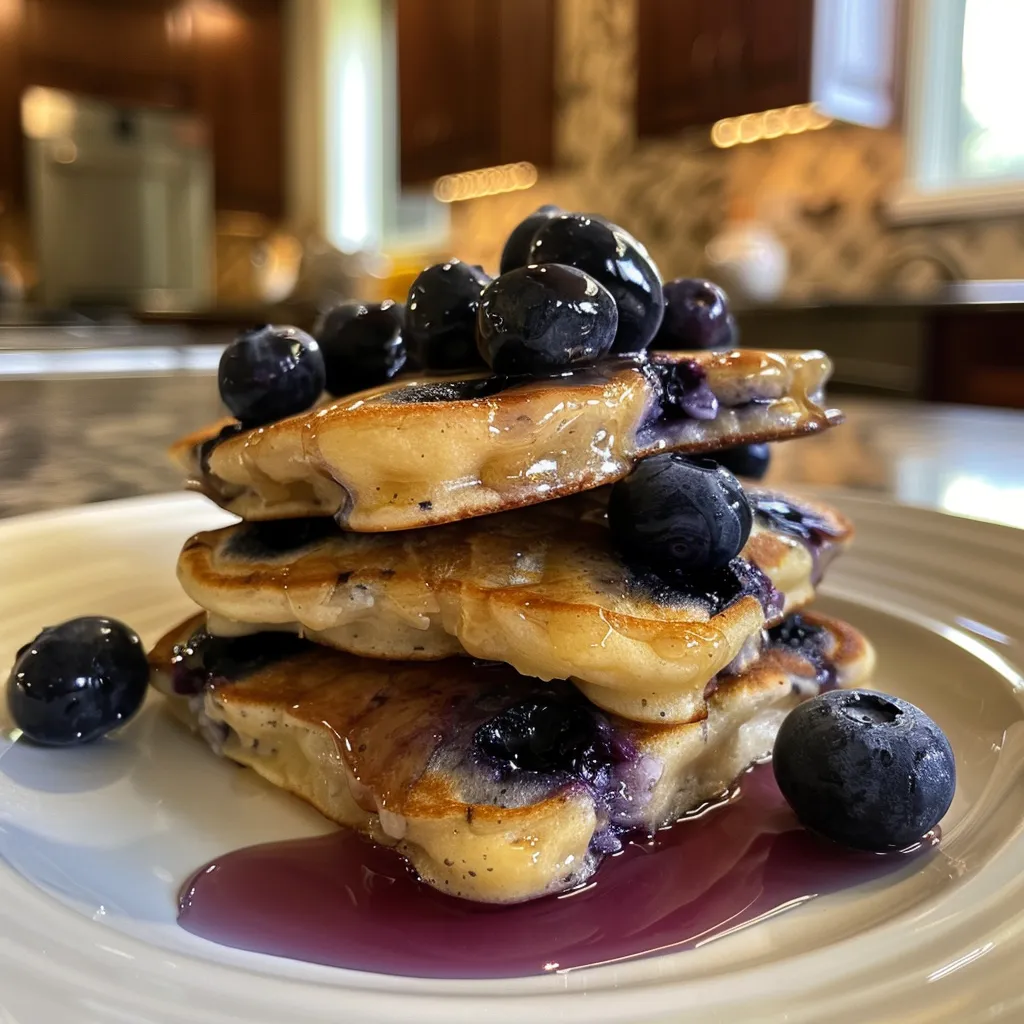 Side view of golden pancake bites topped with fresh blueberries.
