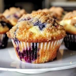 Close-up view of freshly baked blueberry cream cheese muffins with a golden crust.
