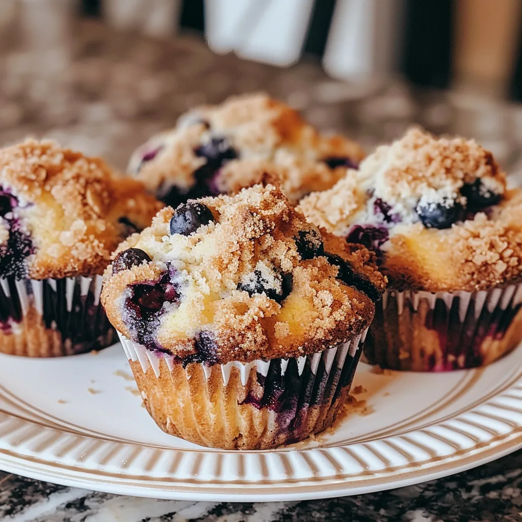 Side view of fluffy blueberry muffins with visible cream cheese filling and blueberries.