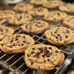 Close-up view of warm brown butter chocolate chip cookies stacked on a plate.