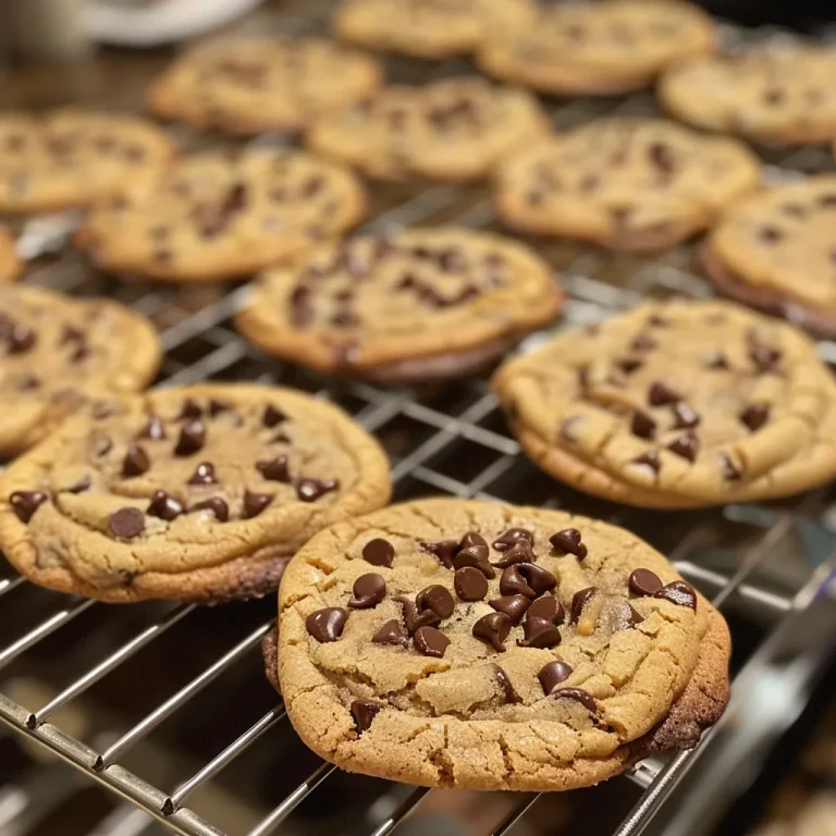 Close-up view of warm brown butter chocolate chip cookies stacked on a plate.