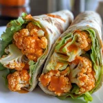 Close-up view of a Buffalo Cauliflower Wrap filled with vibrant vegetables and sauce.
