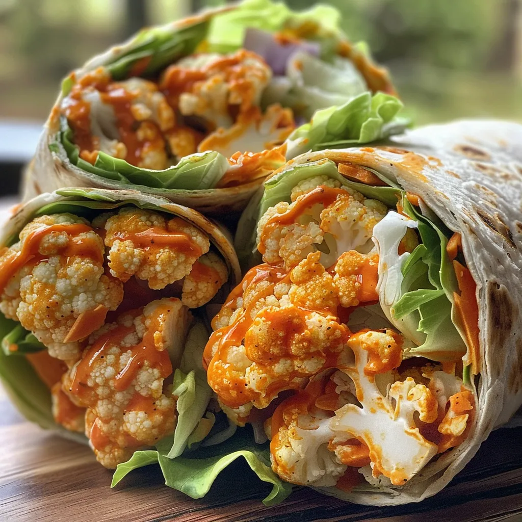 Side view of a delicious Buffalo Cauliflower Wrap, filled with lettuce and colorful veggies.