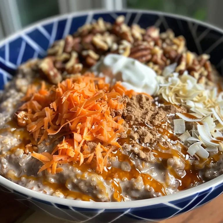 Close-up view of Carrot Cake Overnight Oats in a glass bowl with toppings.