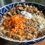 Close-up of creamy carrot cake overnight oats topped with walnuts and coconut.