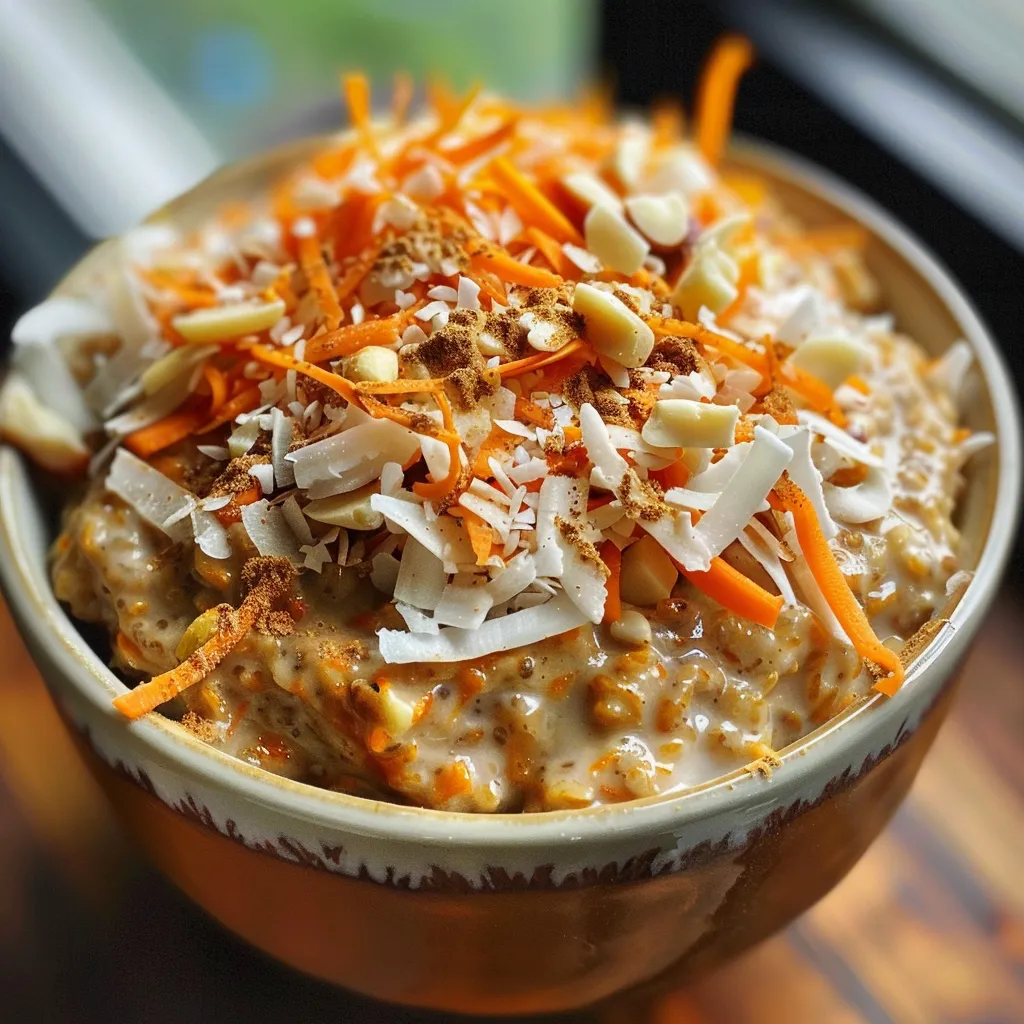 Side view of vibrant Carrot Cake Overnight Oats, showcasing shredded carrots and walnuts.