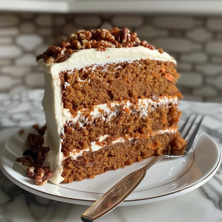 Close-up side view of a moist carrot cake topped with creamy frosting.