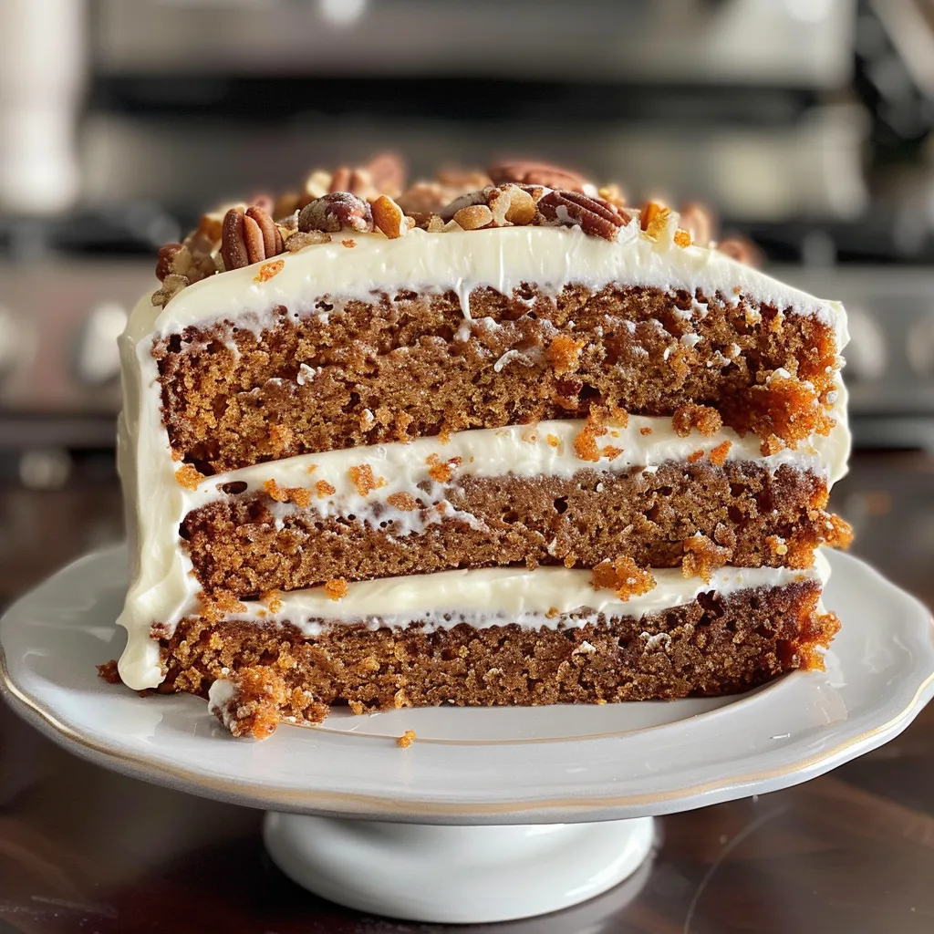 Juicy carrot cake slice with smooth cream cheese frosting in vibrant colors.