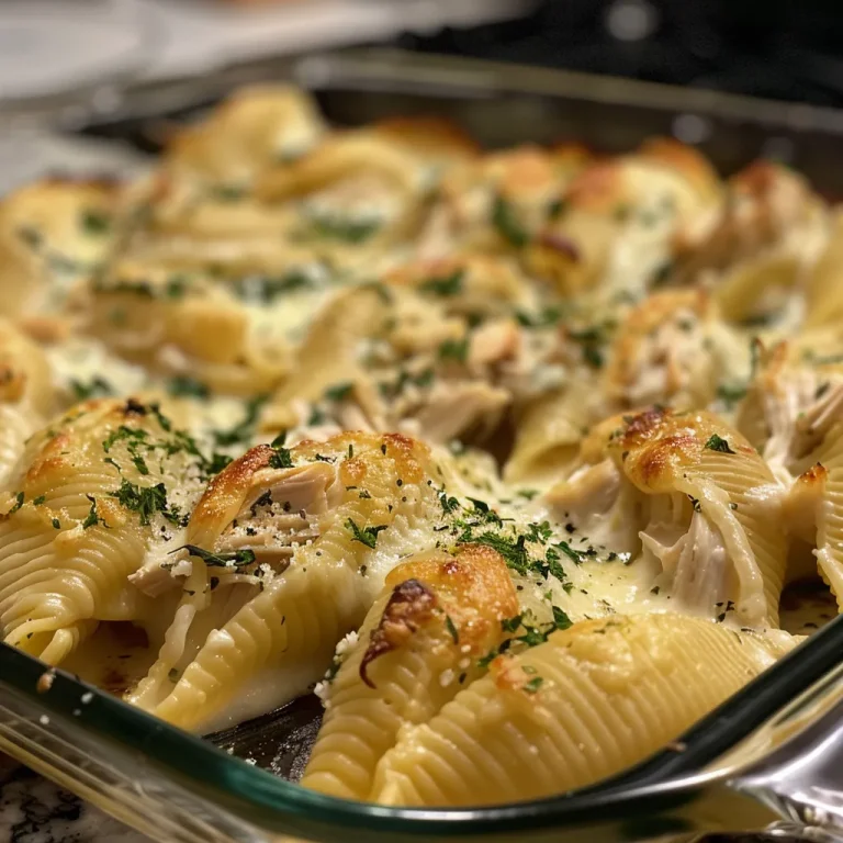 Close-up view of Chicken Alfredo stuffed shells, showcasing creamy filling and bubbling cheese.
