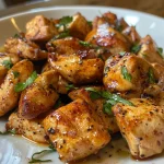 Close-up of succulent chicken thighs coated in sauces.