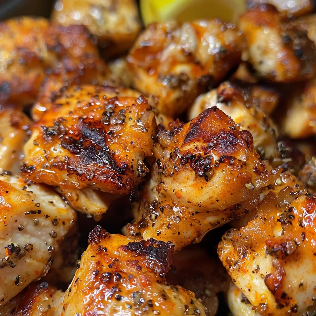 Juicy chicken thigh cubes on a plate, garnished and ready to eat.